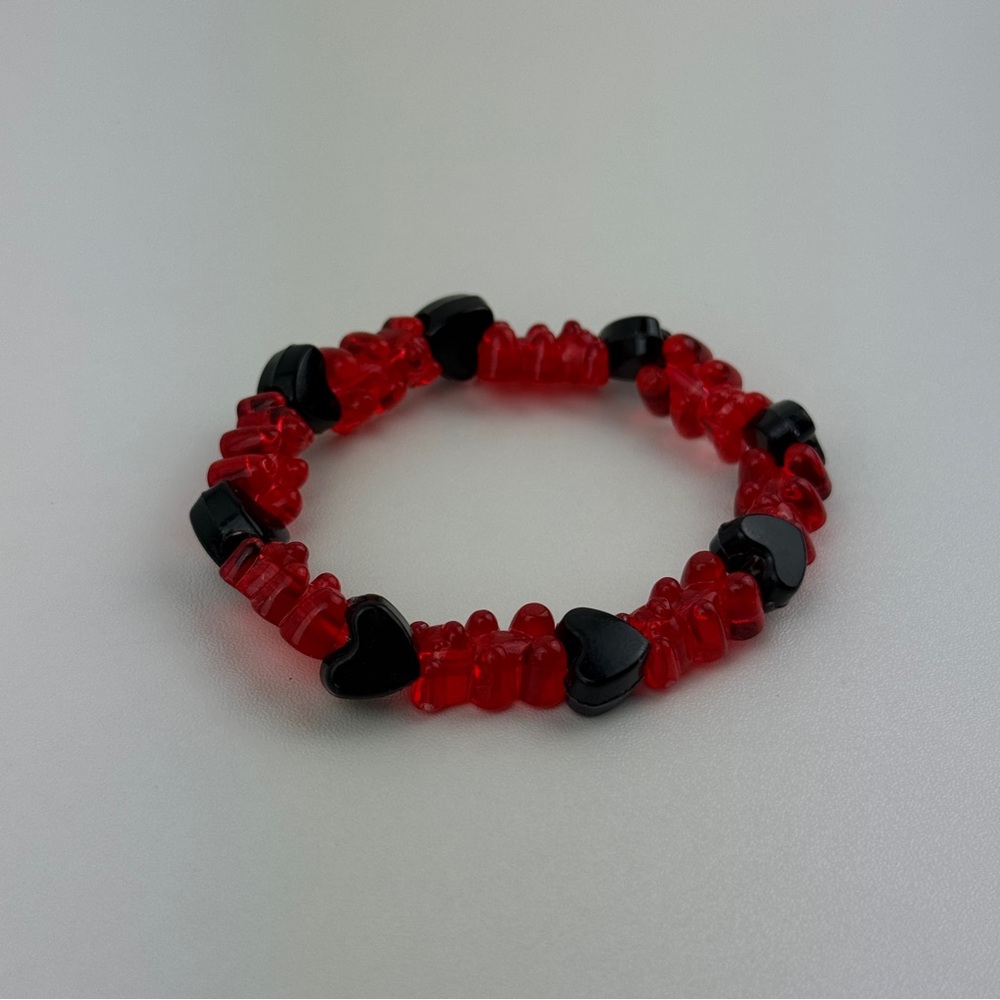 Handmade Red Gummy Bear Black Heart Beaded Stretch Bracelet Kandi Kawaii Goth #2 - Picture 3 of 10